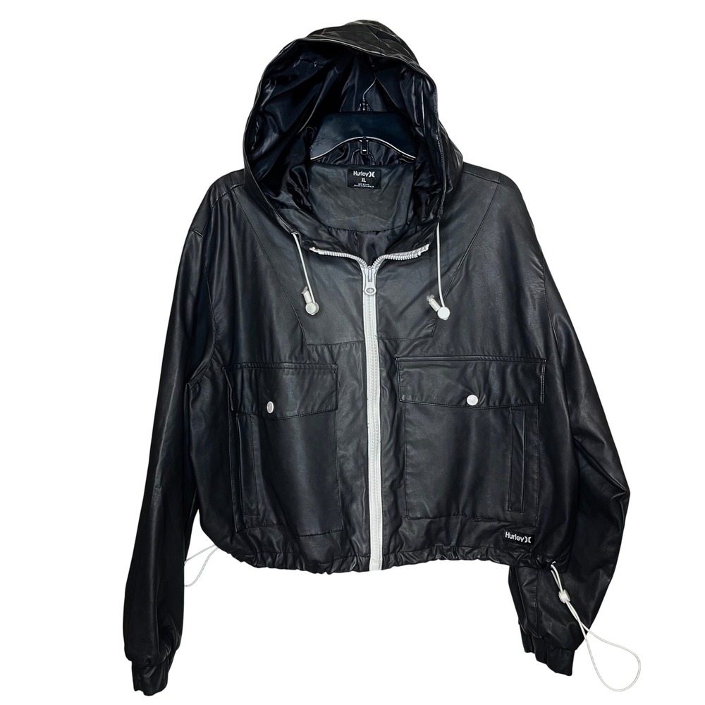 Hurley Black Cropped Windbreaker Jacket XL Hooded Y2K Streetwear